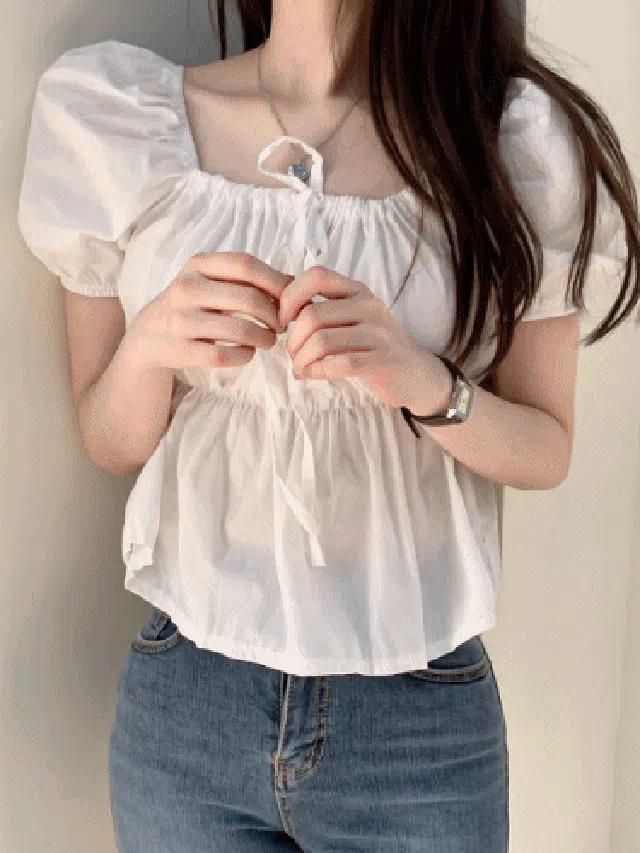 멜로드 스퀘어넥 리본 어깨퍼프 플레어블라우스 bl - 3color