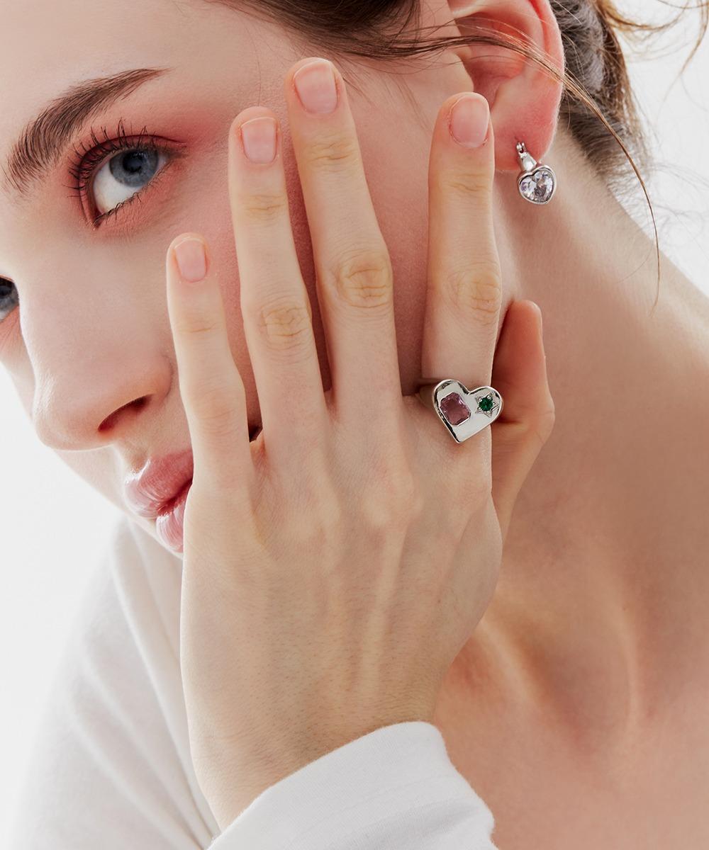 볼드 하트 컬러 큐빅 오픈링 반지