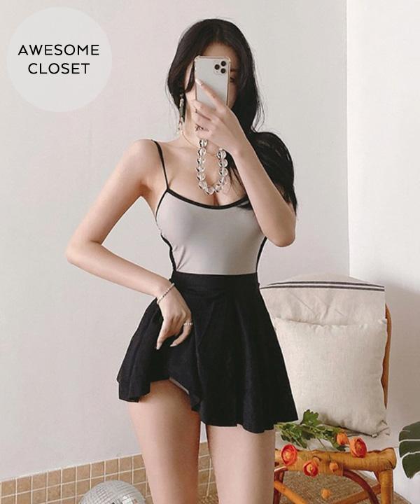 퀴즈 데일리 민소매 랩스커트 플레어 비키니 모노키니