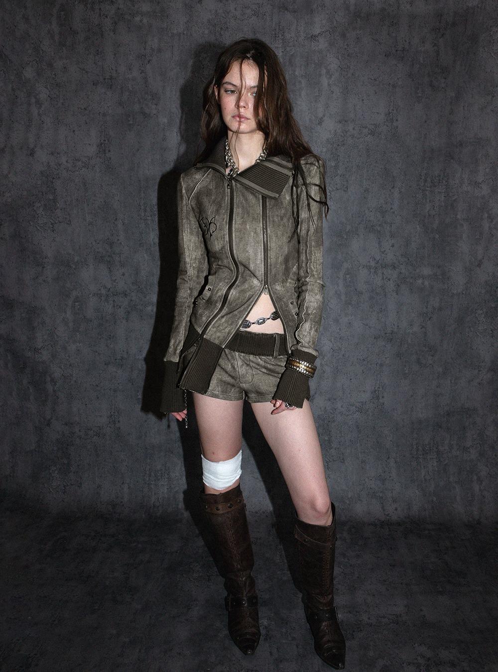 Punk Split Zipper Sweat Suit (Jacket/Shorts)