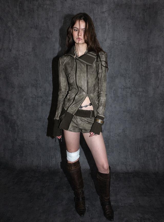 Punk Split Zipper Sweat Suit (Jacket/Shorts)