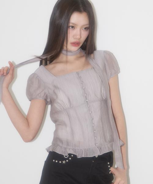 리본 타이 스퀘어넥 블라우스 그레이