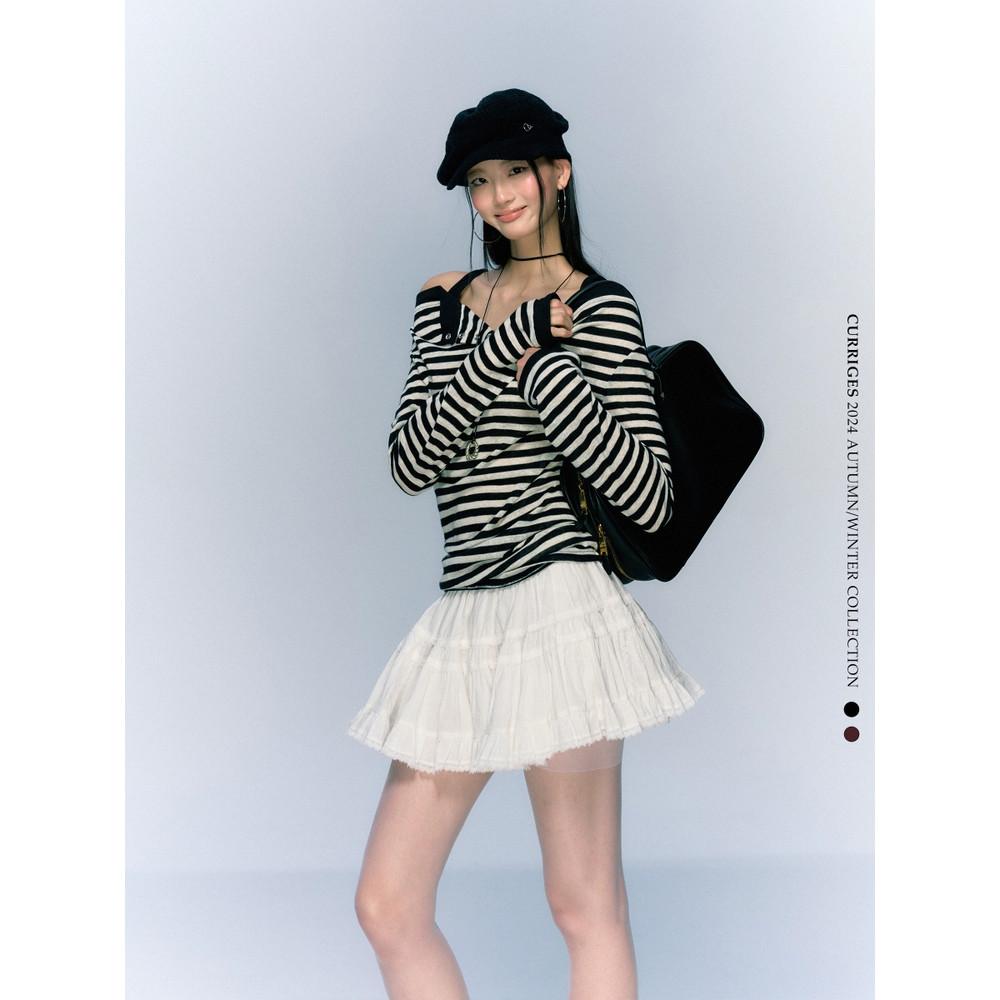 Curriges 가을 스트라이프 페이크 투피스 슬림핏 상의 긴팔 오프숄더 티셔츠