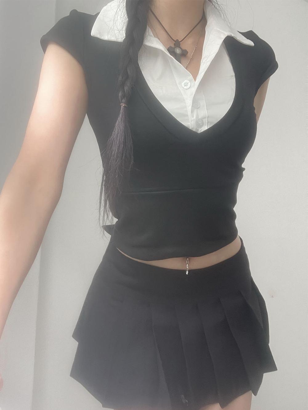 layered shirts cropped top (2 color) | 셔츠 레이어드 크롭 반팔 티셔츠