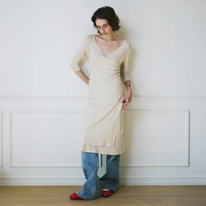 Shirring Wrap Dress (L/Beige)