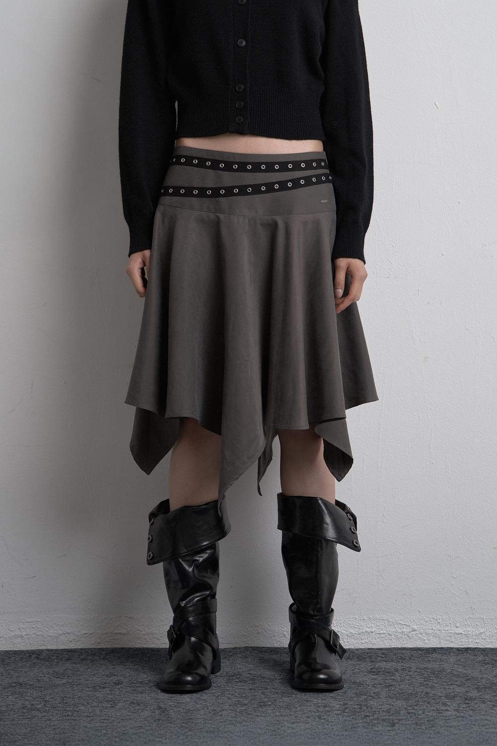 EYELET UNBALANCED MIDI SKIRT CHARCOAL