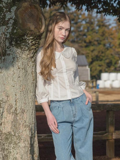 GANAEL round collar puff tencel shirt_WHITE