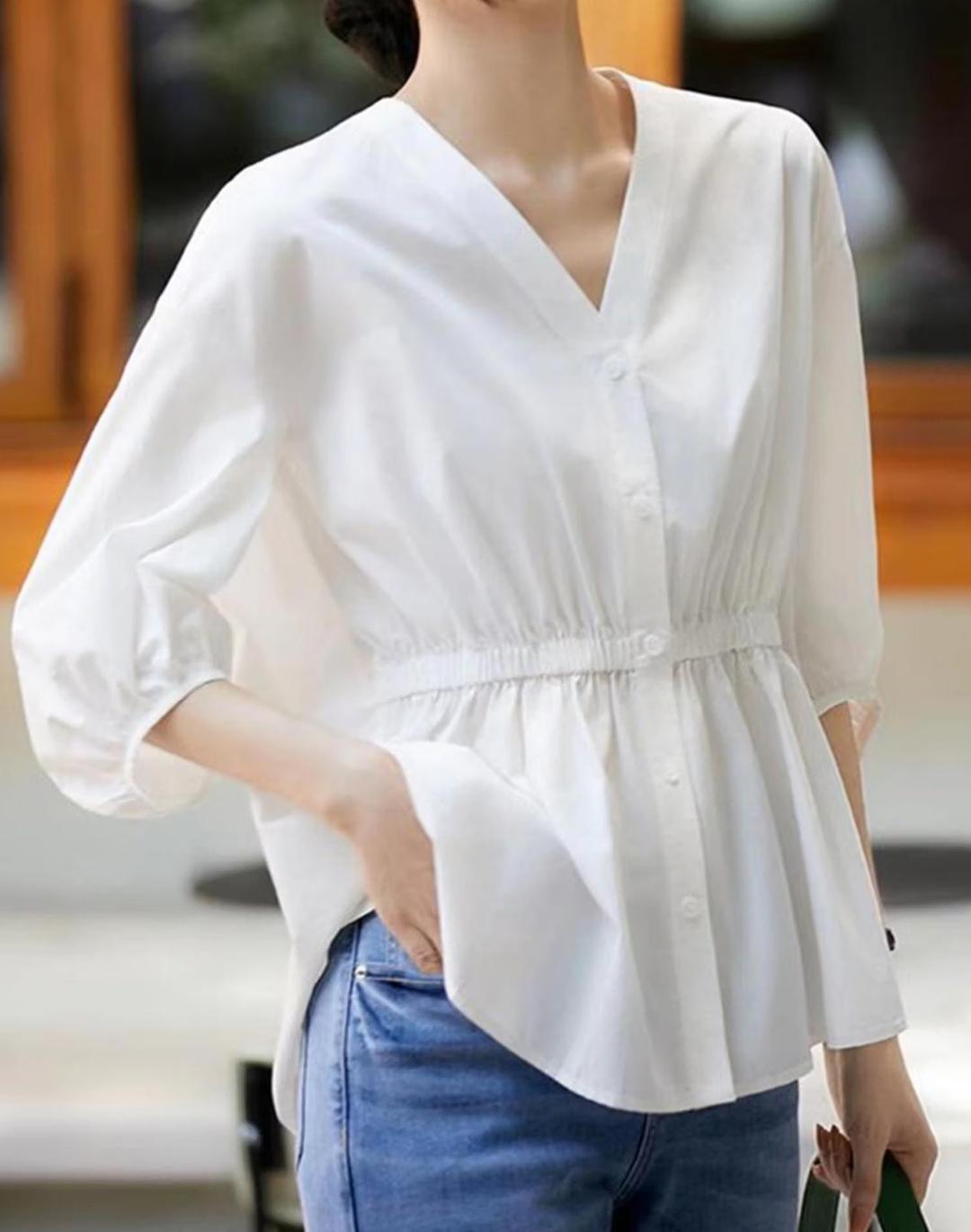 허리 셔링 포인트 반팔 블라우스 (WICBBL019)