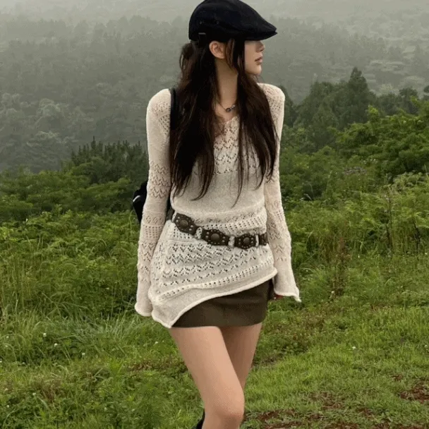 [코디추천/제주도룩🌴] 유앤 슬림 빈티지 펀칭 그물 니트 원피스