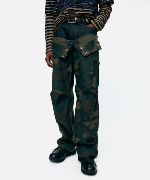 UNISEX CAMOUFLAGE DOUBLE WAIST WORK WIDE-LEG JEANS apa853u(NAVY/GREEN)