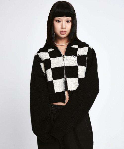 Wool Checkerboard Knit Zip-up [Black]