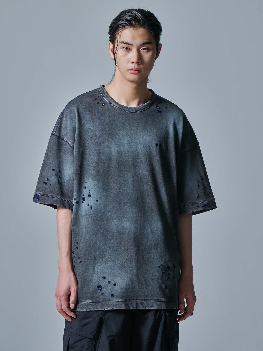 데미지드 빈티지 스티치 스프레이 다잉 숏슬리브 - 블랙