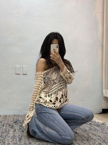 Cream crochet knit t-shirt
