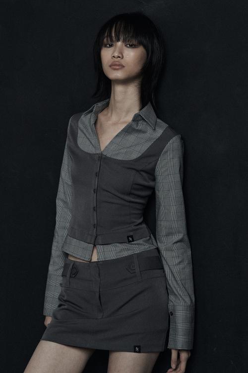 LAYERED VEST CHECK SHIRT CHARCOAL