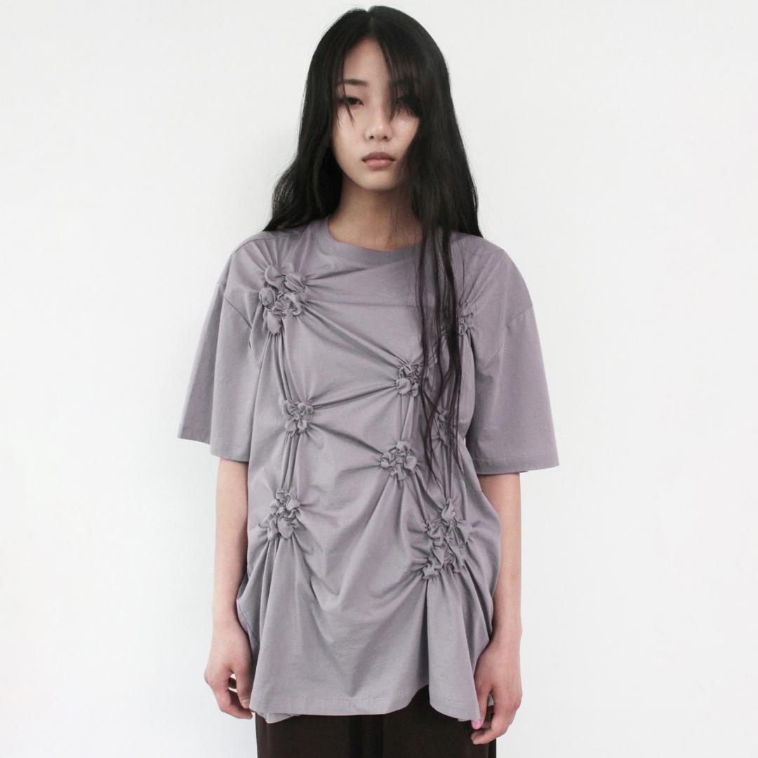 FLORAL SHIRRED T-SHIRT, DUSTY PURPLE