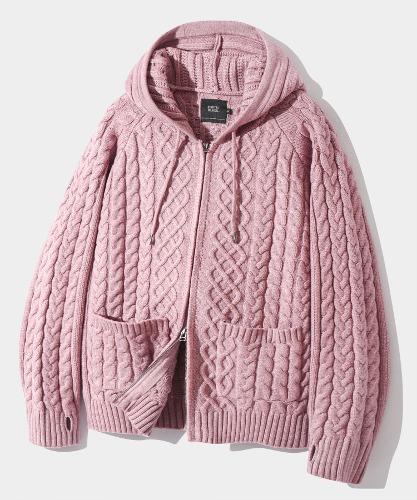 2WAY HEAVY WEIGHT CABLE KNIT HOODED ZIP-UP_DUSTY PINK