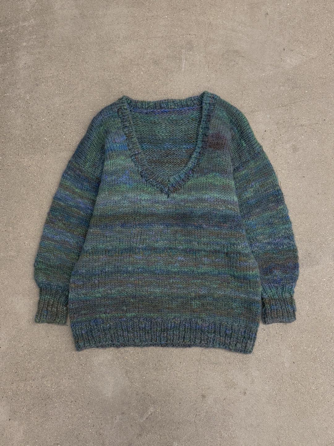 Wool 100% Handmade Green Bokashi V-Neck Sweater S0550