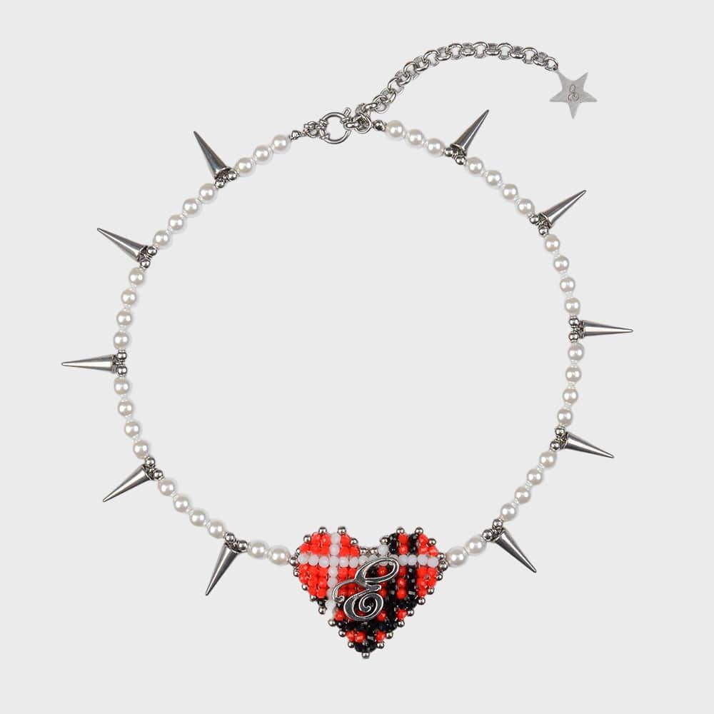 BEADED TARTAN CHECK HEART NECKLACE (RED)