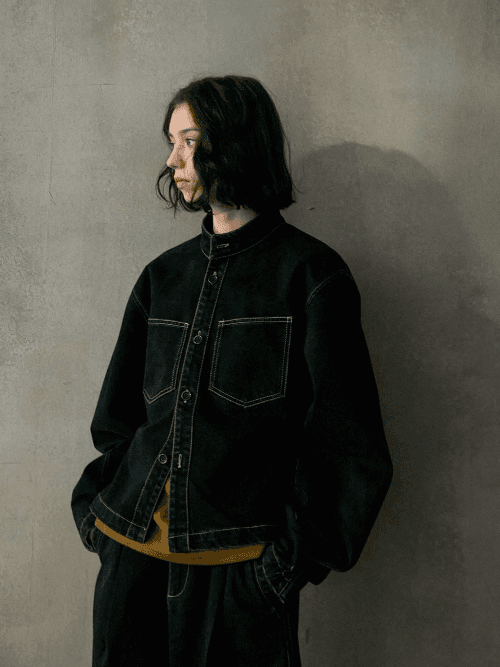 Quinze 루즈핏 논카라 크롭 데님 자켓