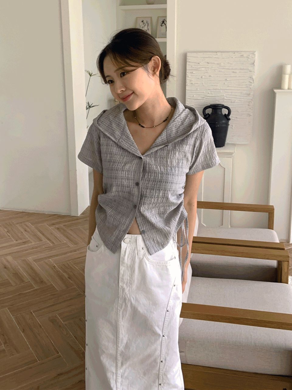 도브 스트랩 체크 후드 남방(3color)