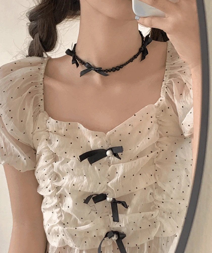 [무배] 데빌 흑진주 비즈 리본 목걸이 초커 미니 리본 목걸이