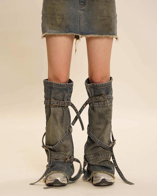 MOROMORO2 벨트 스트랩 데님 레그워머 (블루)