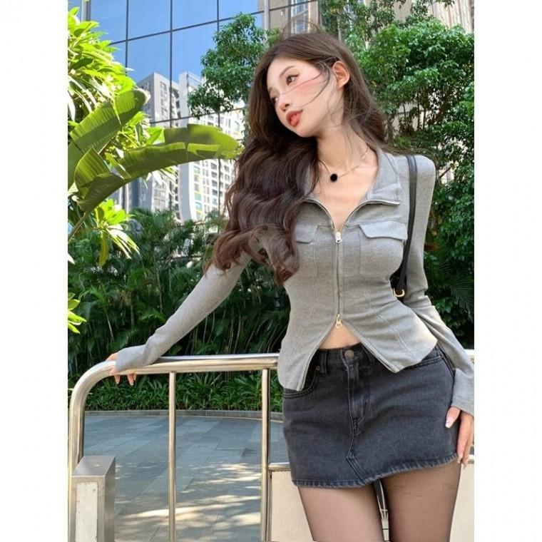 스파이시 니트 가디건 여 신상 디자인 슬림 숏 더블 집업 상의 여동
