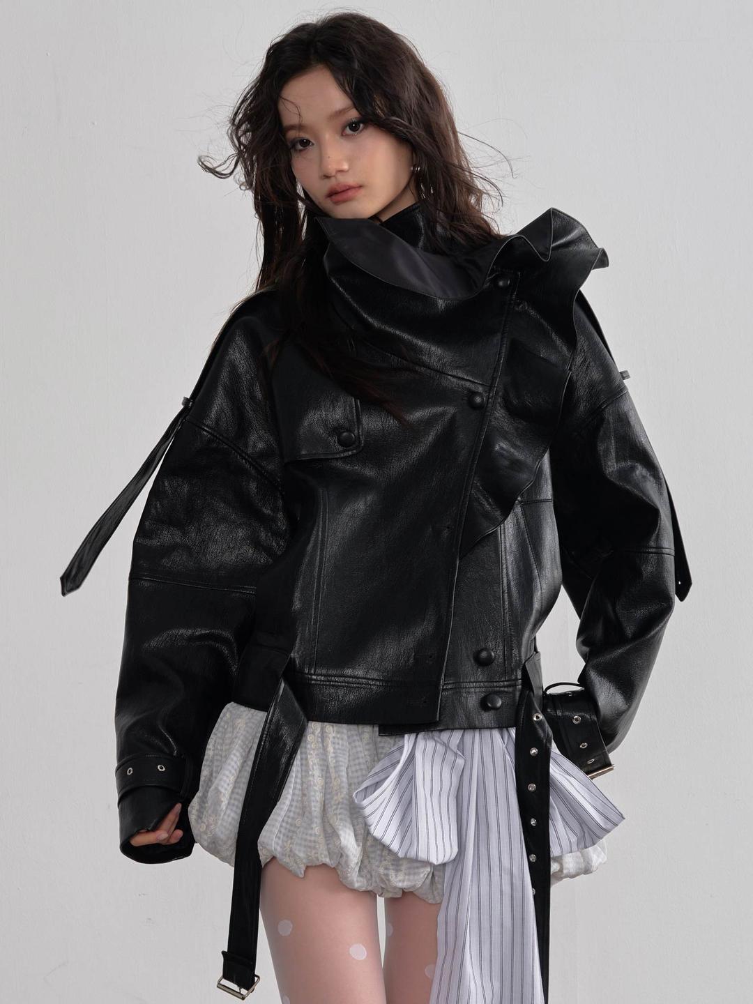 [JNYLON STUDIOS] Ruffle Collar Belted Leather Jacket