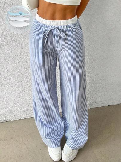 SHEIN EZwear White High-Waisted Contrast Blue Striped Woven Plus Size Women's Pants