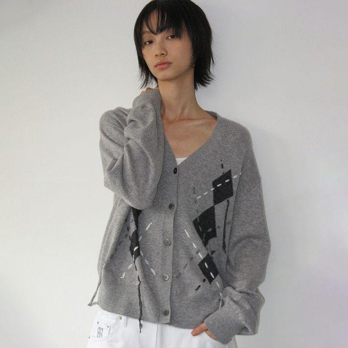 Argyle Stitch Knit Cardigan - Gray
