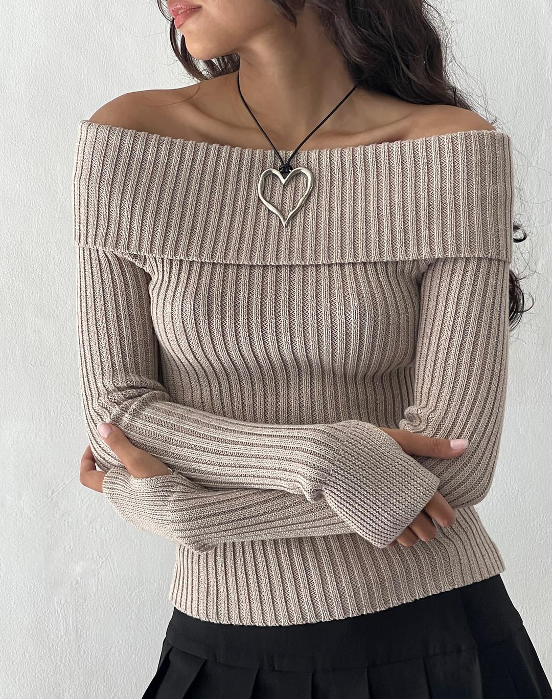 Circe Off-Shoulder Long Sleeve Knit Top in Natural - S