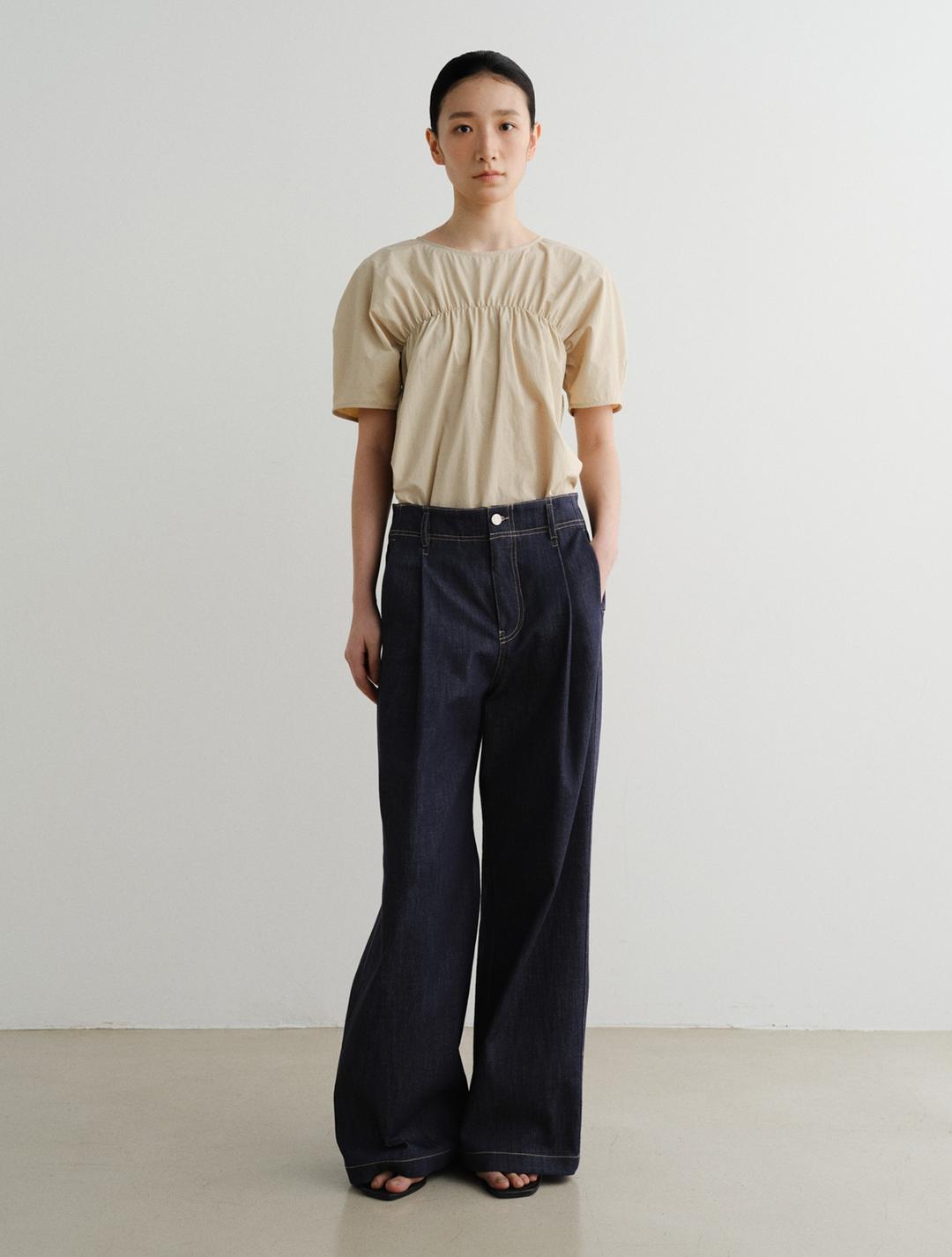 Wide Tuck Denim Pants (Blue)