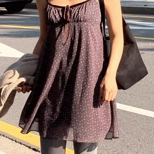 잔꽃 플라워 빈티지 벨벳 끈 리본 나시 미니 원피스