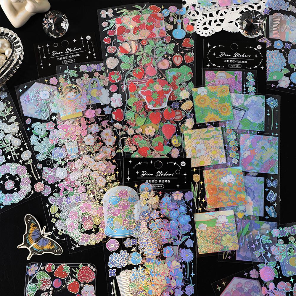 꽃밭의 별빛 금박 PET 스티커 감성 꽃 딸기 인스 탑꾸스티커 다꾸 폰꾸 스위트 베리