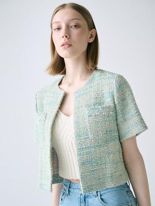 [TWEED] Collarless Tweed Cropped Jacket