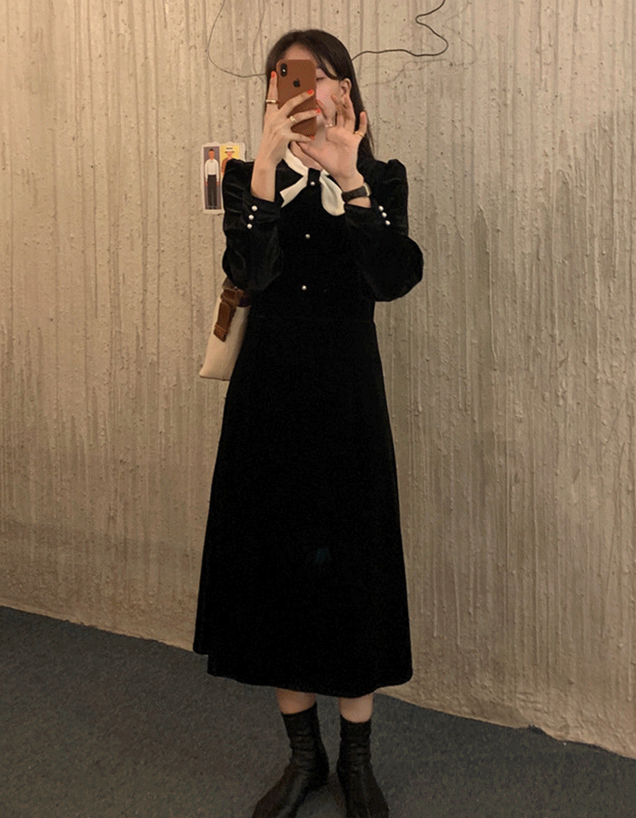 소프트 벨벳 리본타이 롱원피스 - 1 Color (격식룩/연말룩)