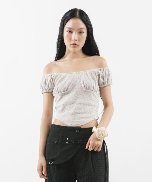 FLOWER SHIRRED T-SHIRT [OATMEAL]