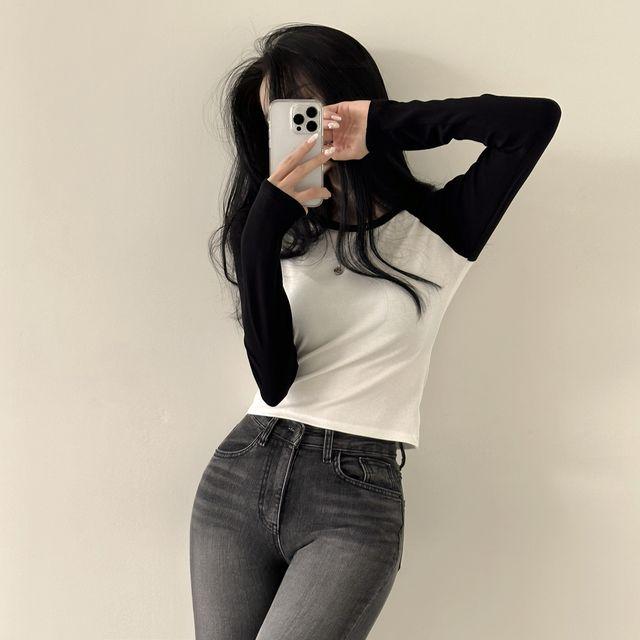 [여리여리~/손등덮는] 말라보이는, 골지 배색 나그랑 크롭 긴팔티셔츠 (4color)_앤드모어