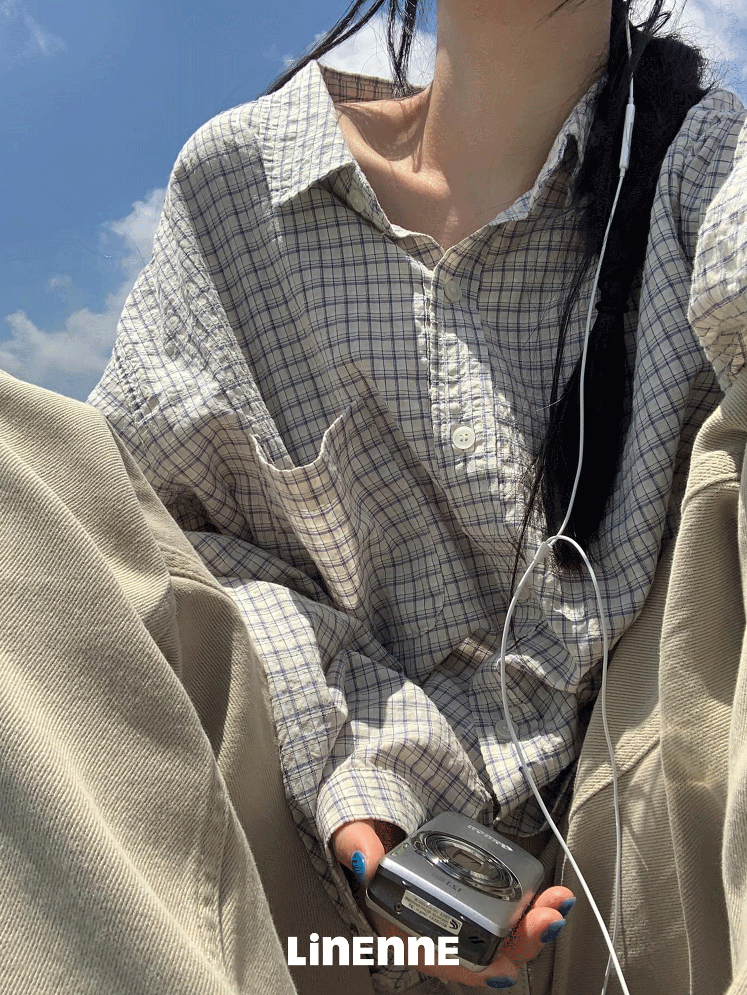 리넨느 mue over check shirt (beige blue)