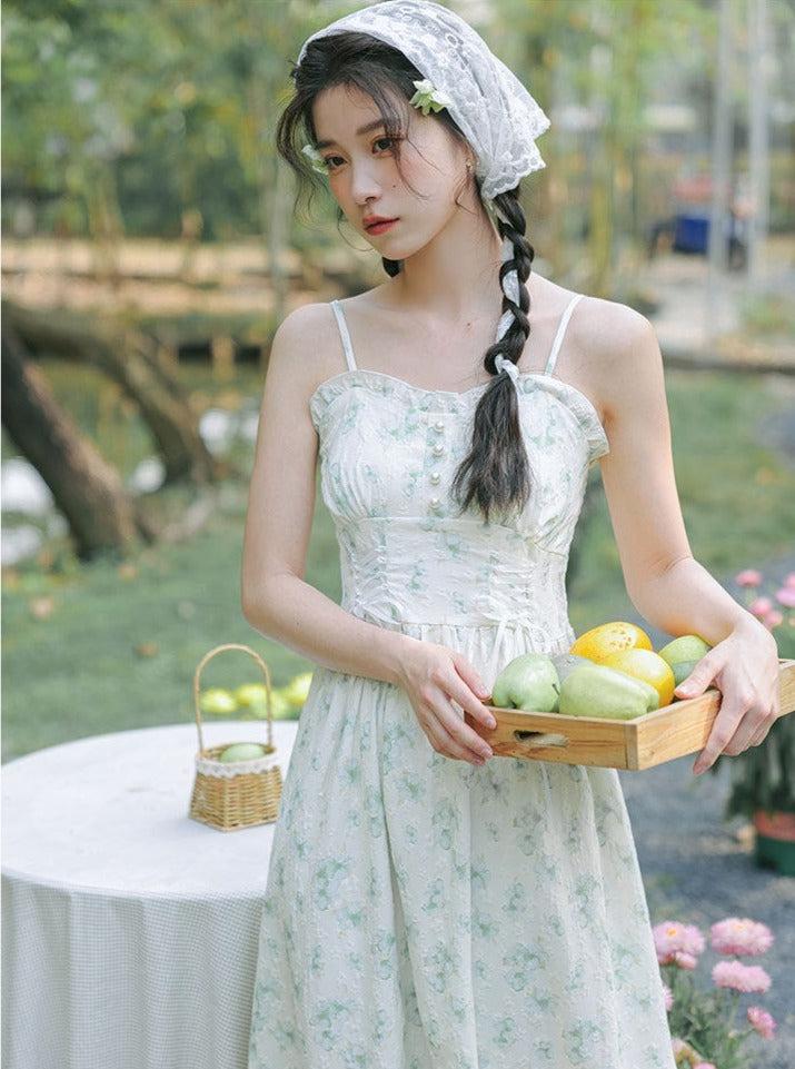 Cottagecore Floral Print Lace Up Slip Dress