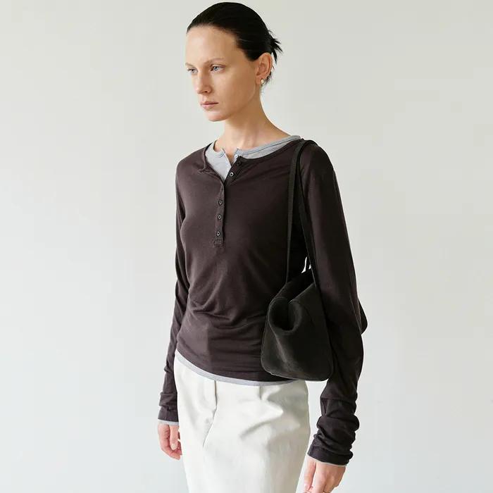 Henley Neck Long Sleeve in Brown