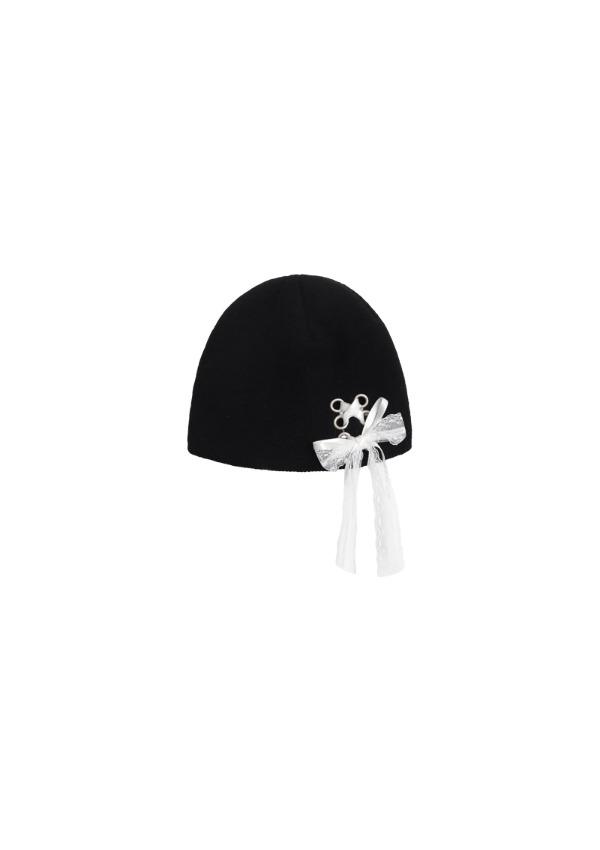 RIBBON EYELET KNIT BEANIE_BLACK