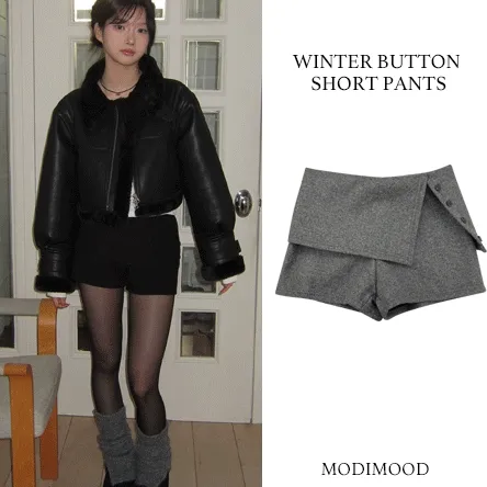 [골반커버/코디추천🖤] 버튼 트임 로우 숏 기모 팬츠- 2color