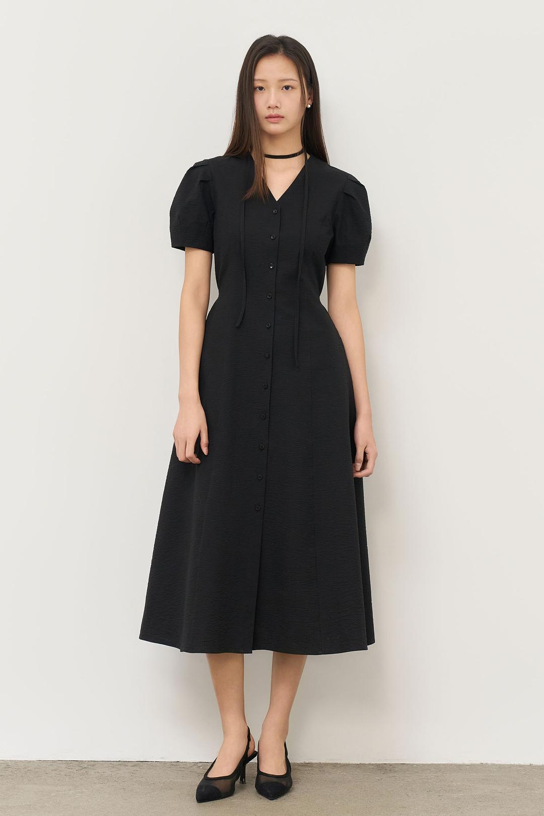 WOMAN 브이넥 퍼프 롱 원피스 [BLACK]