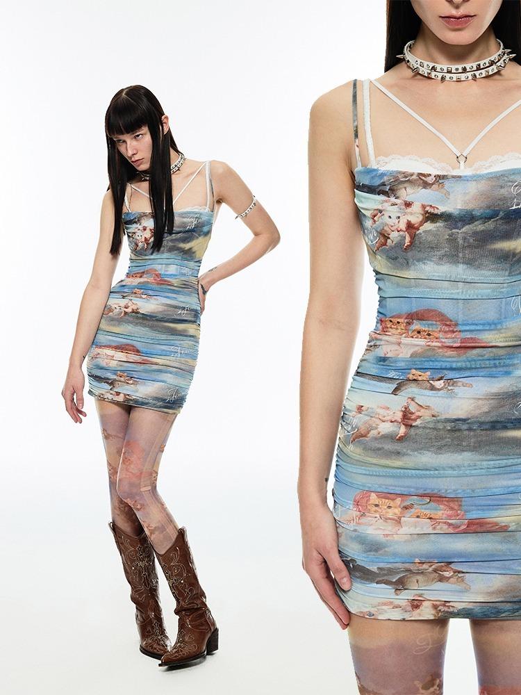 1JINN STUDIO 캣 프린팅 슬리브리스 셔링 슬립 미니 원피스