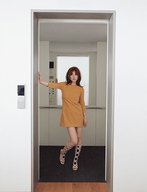 boat neck stripe mini dress in yellow