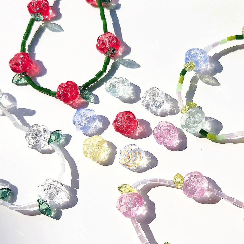 [파랑새97] 글라스 장미 비즈 구슬 로즈 오로라 원석 반지 팔찌 악세사리 재료