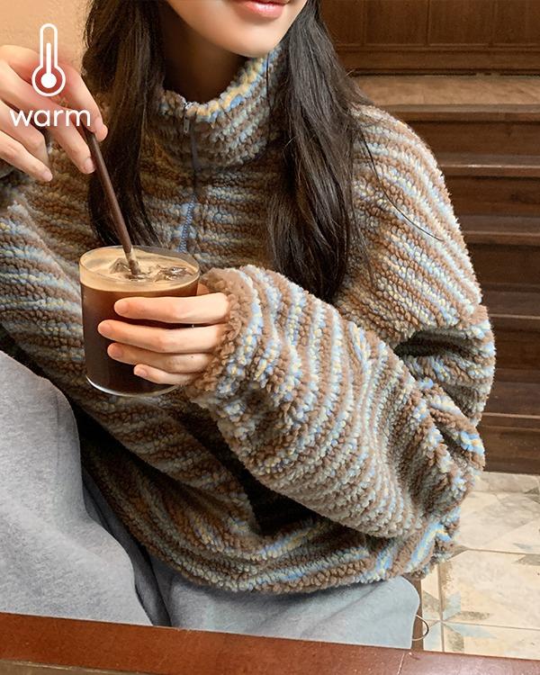 [캠핑룩] 파머스 스트라이프 하프 집업 플리스 맨투맨