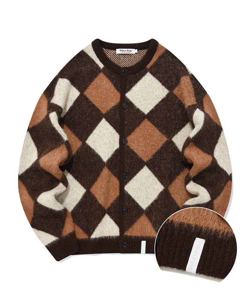 다이아몬드 라운드넥 모헤어 가디건 브라운