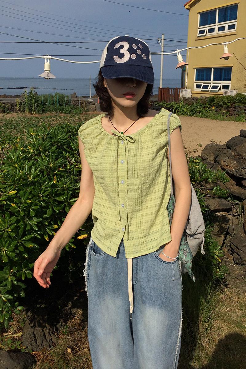 미리내로 엘로 스트링 핀턱 나시 블라우스